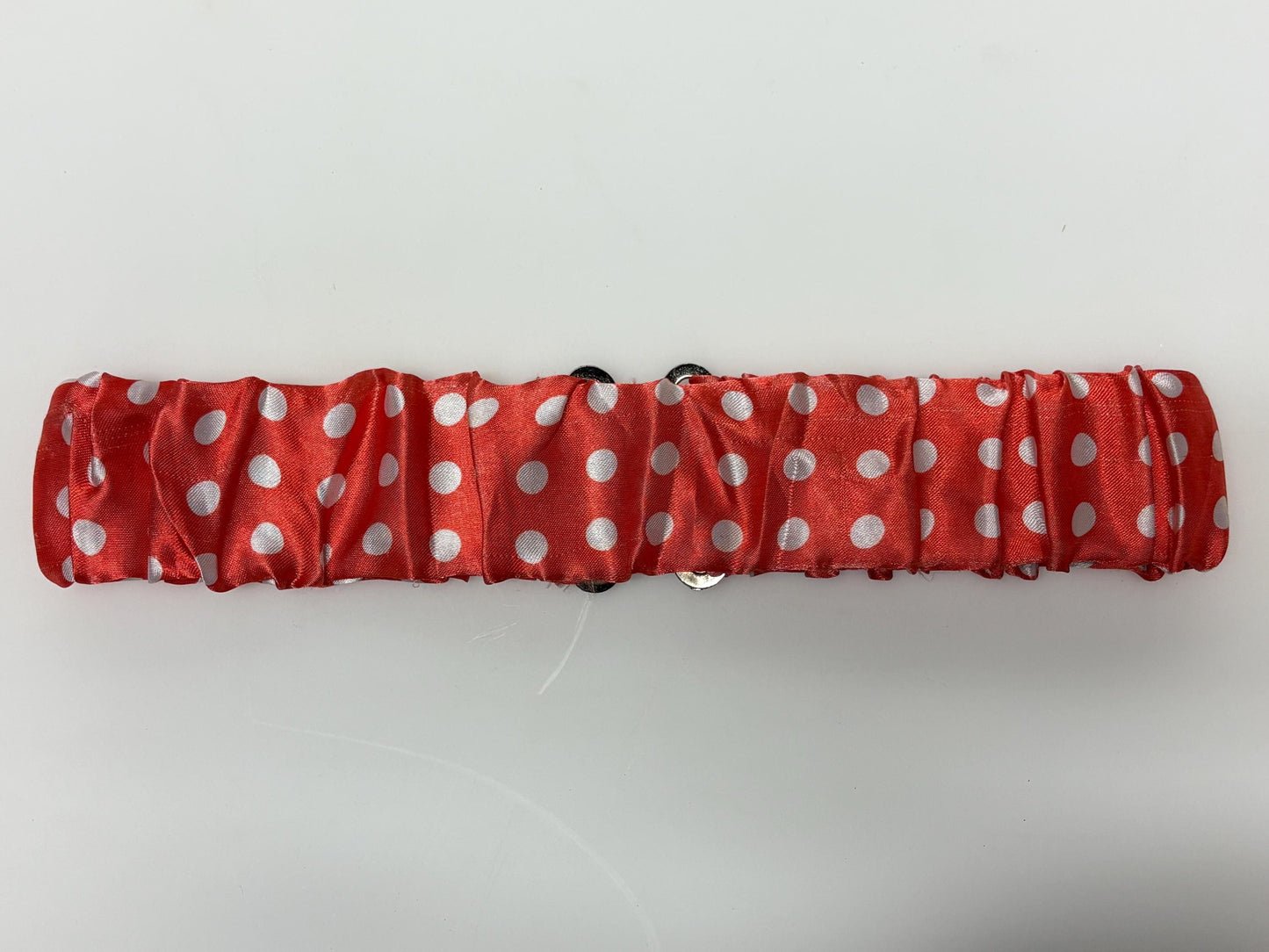 80s vintage womens elastic red with big white polka dots stretch belt. Flattering cinch for a dress. Chrome buckle. Minnie mouse cosplay