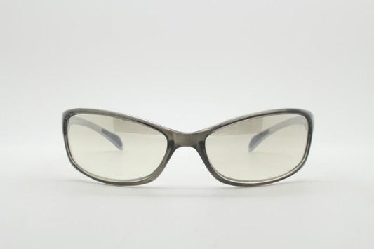 Y2K vintage futuristic sunglasses. Gloss white and grey wrap around shield style frame with light tone lenses. Cosplay visor. 2000s NOS