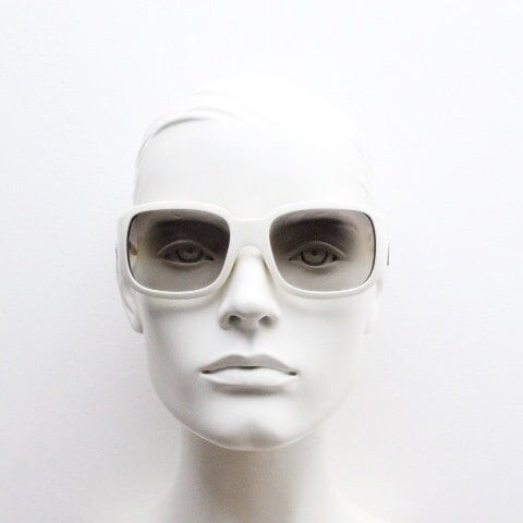 Versace Y2k vintage wrap around bug eye sunglasses. Curving white acetate shield frame with huge spell out diamante logo. 2000s. Rhinestone