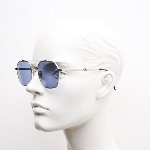 Tommy Hilfiger square aviator sunglasses with double bridge. Silver metal 6 sided frame aviators with blue lenses. Hexagon