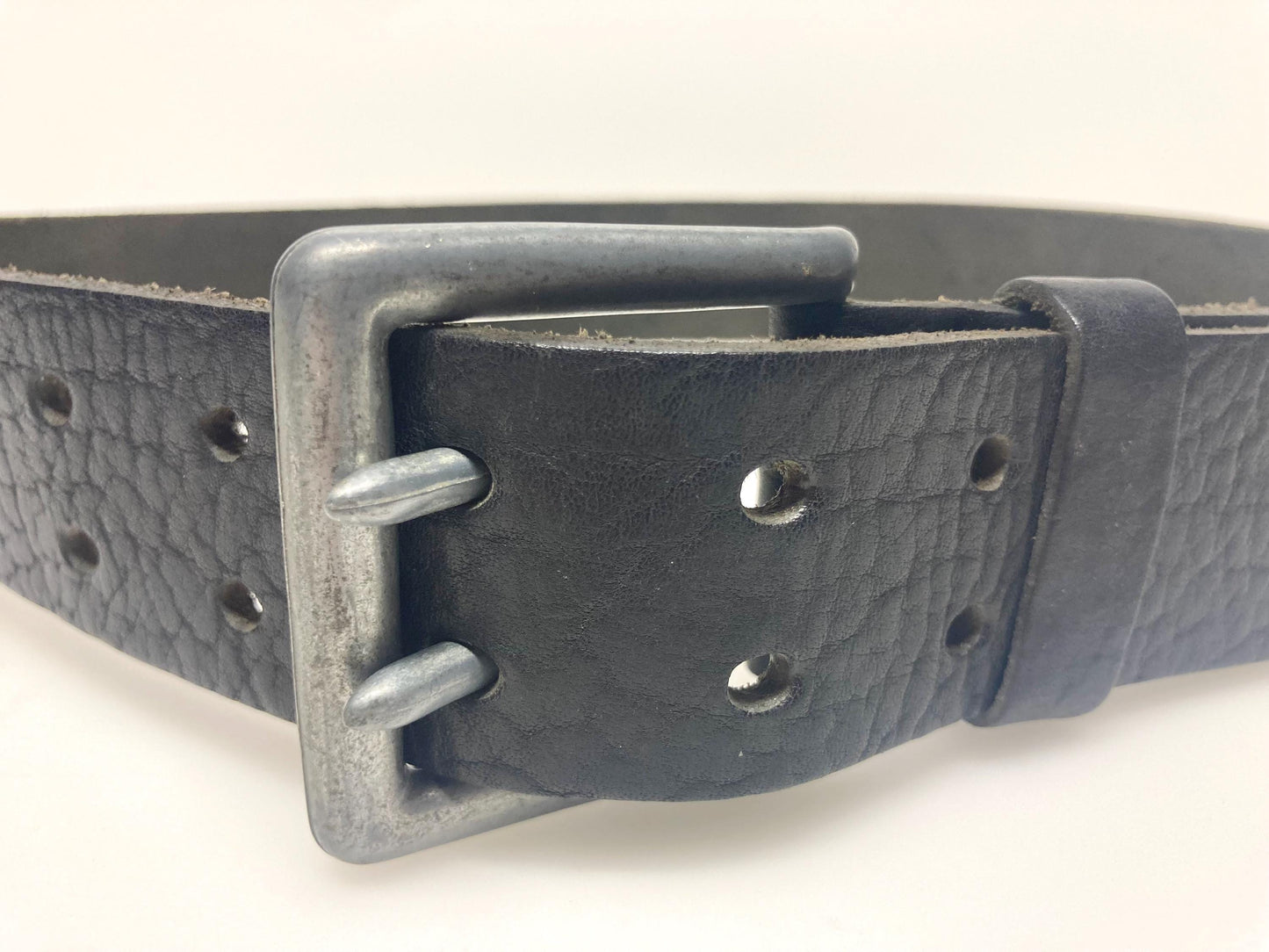 90s vintage heavy duty black genuine leather belt with distressed steel buckle by Mexx. Full grain original finish cowhide. NOS