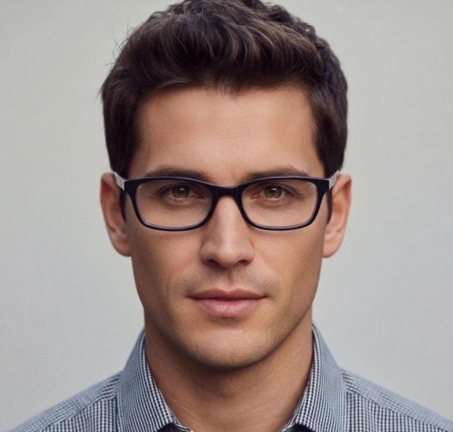 Superdry rectangular low profile eye glasses. Black gloss layered acetate optical frames. Prescription eyeglasses. RX spectacles