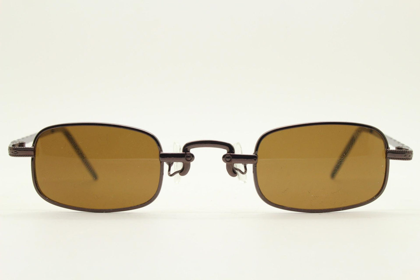 90s vintage small rectangular sunglasses. Imposing minimal brown chrome victorian style frame with matching lenses. Steampunk. Unused NOS