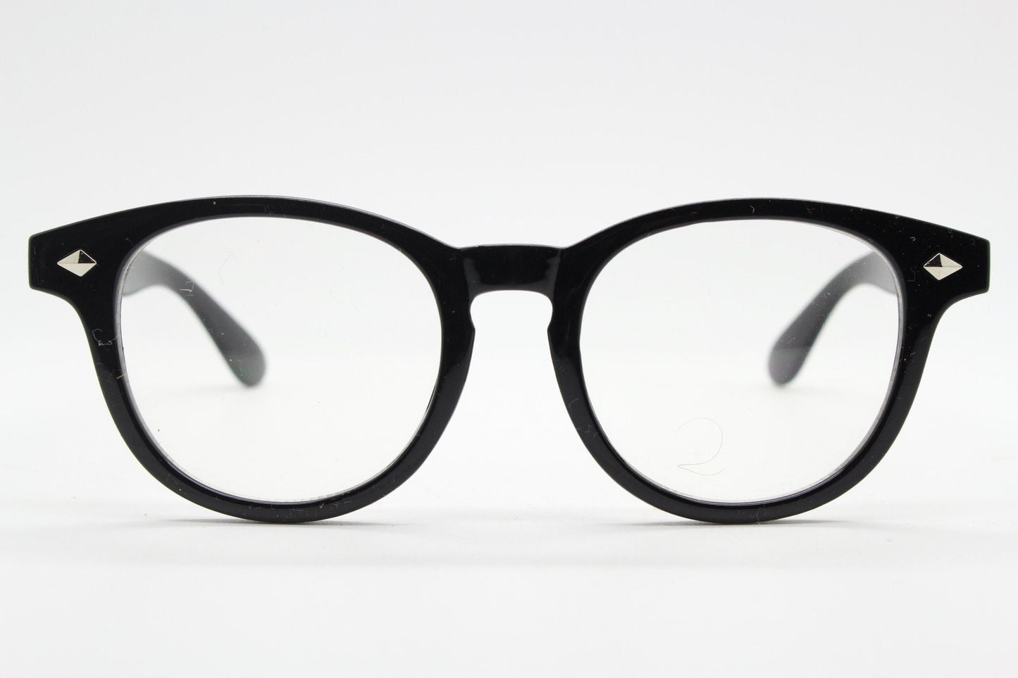 90s vintage modified wayfarer design glasses. Black gloss 40s, 50s shape optical frames with clear lenses. Prescription eyeglasses. NOS