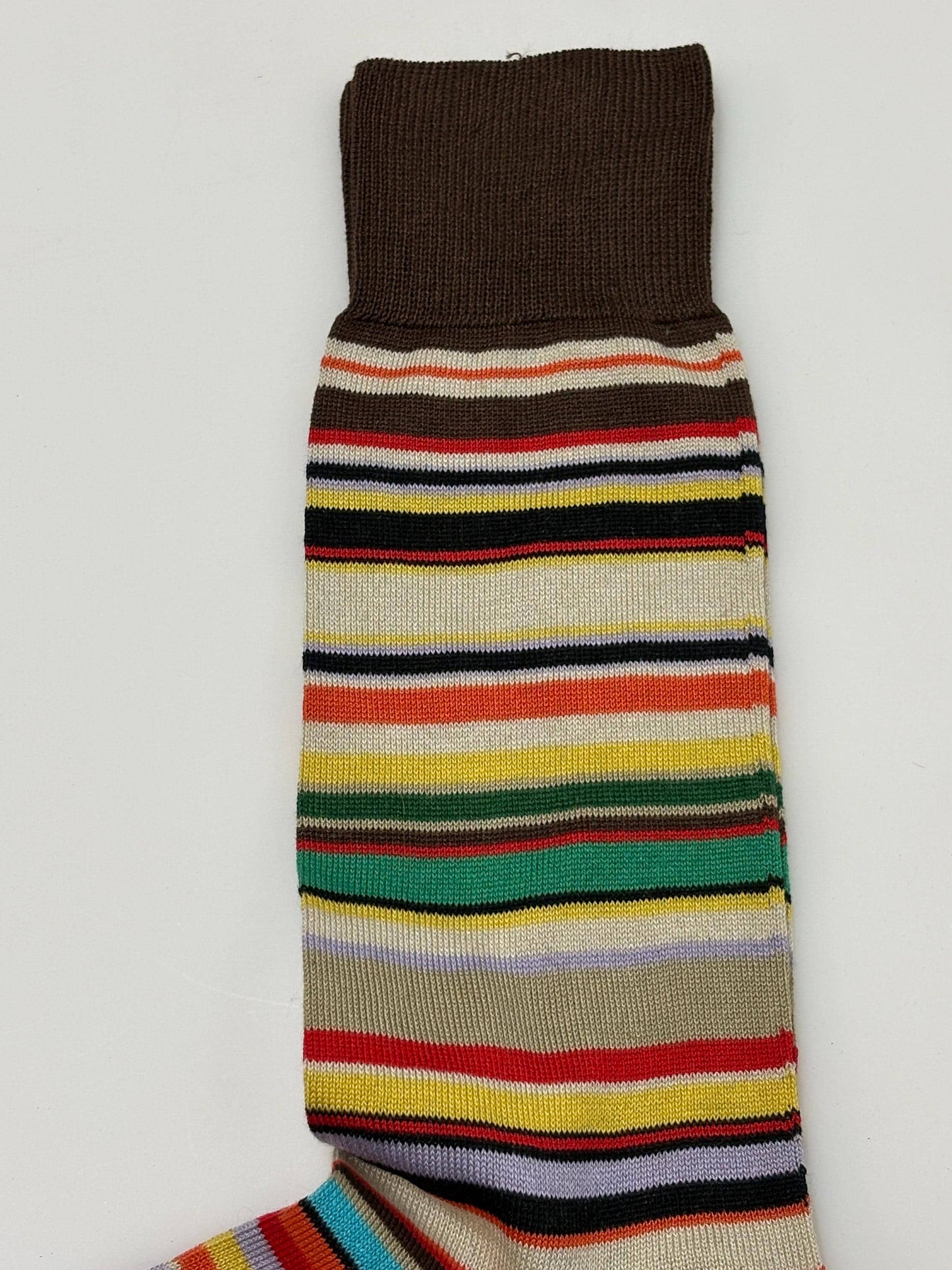 Paul Smith narrow horizontal striped socks in signature rainbow multi colours. Made in Italy. Vintage NOS. Mens large