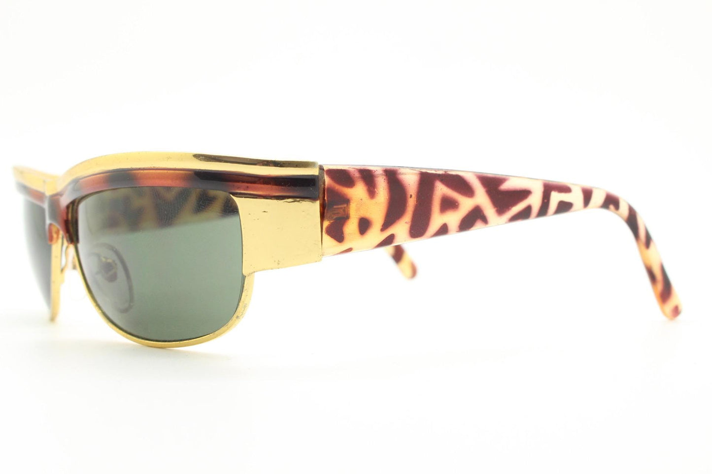 90s vintage visor shield sunglasses. Substantial metal curved wraparound frame with metallic tiger brow and abstract arm patterns. NOS. BNWT