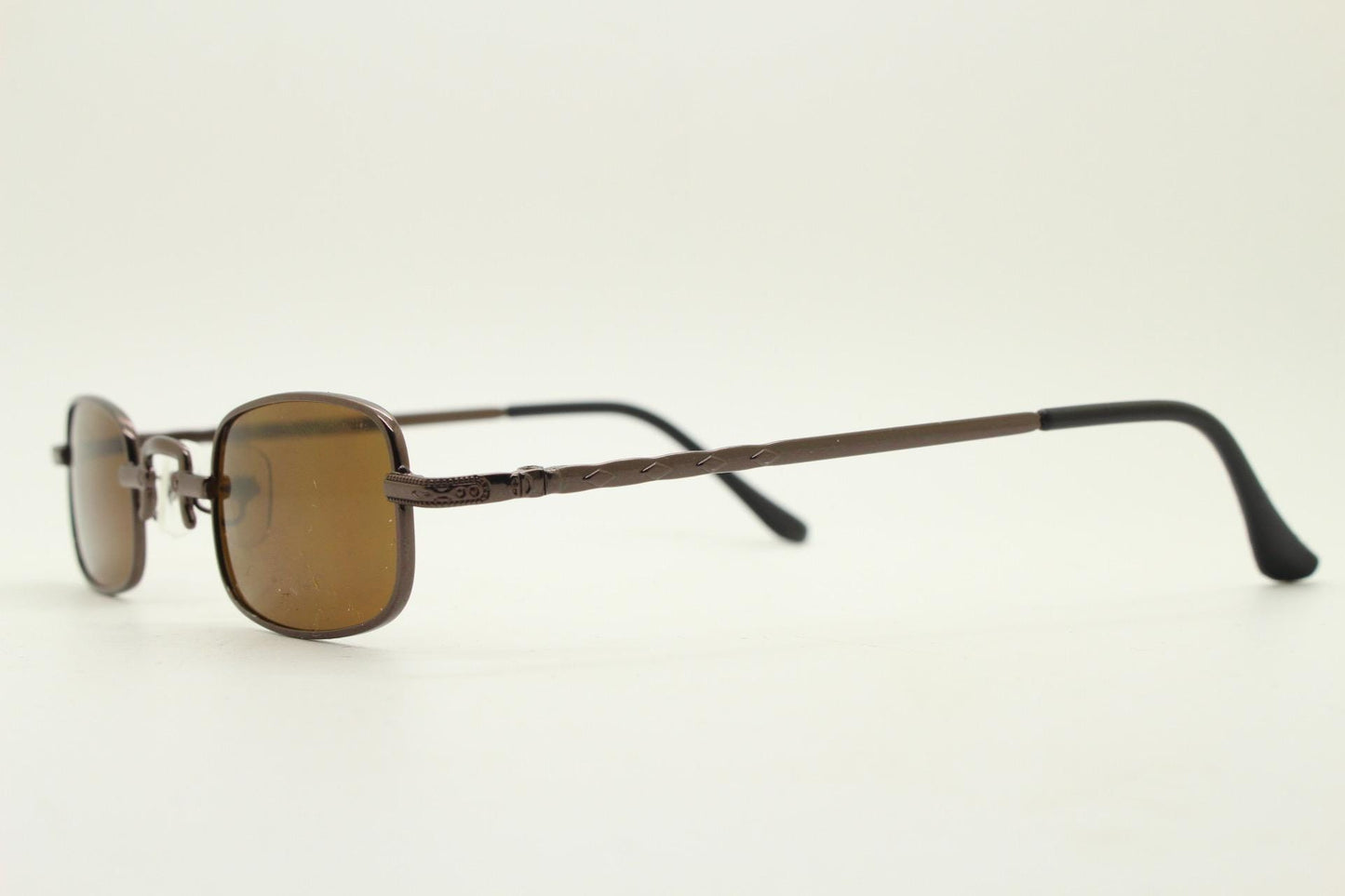 90s vintage small rectangular sunglasses. Imposing minimal brown chrome victorian style frame with matching lenses. Steampunk. Unused NOS