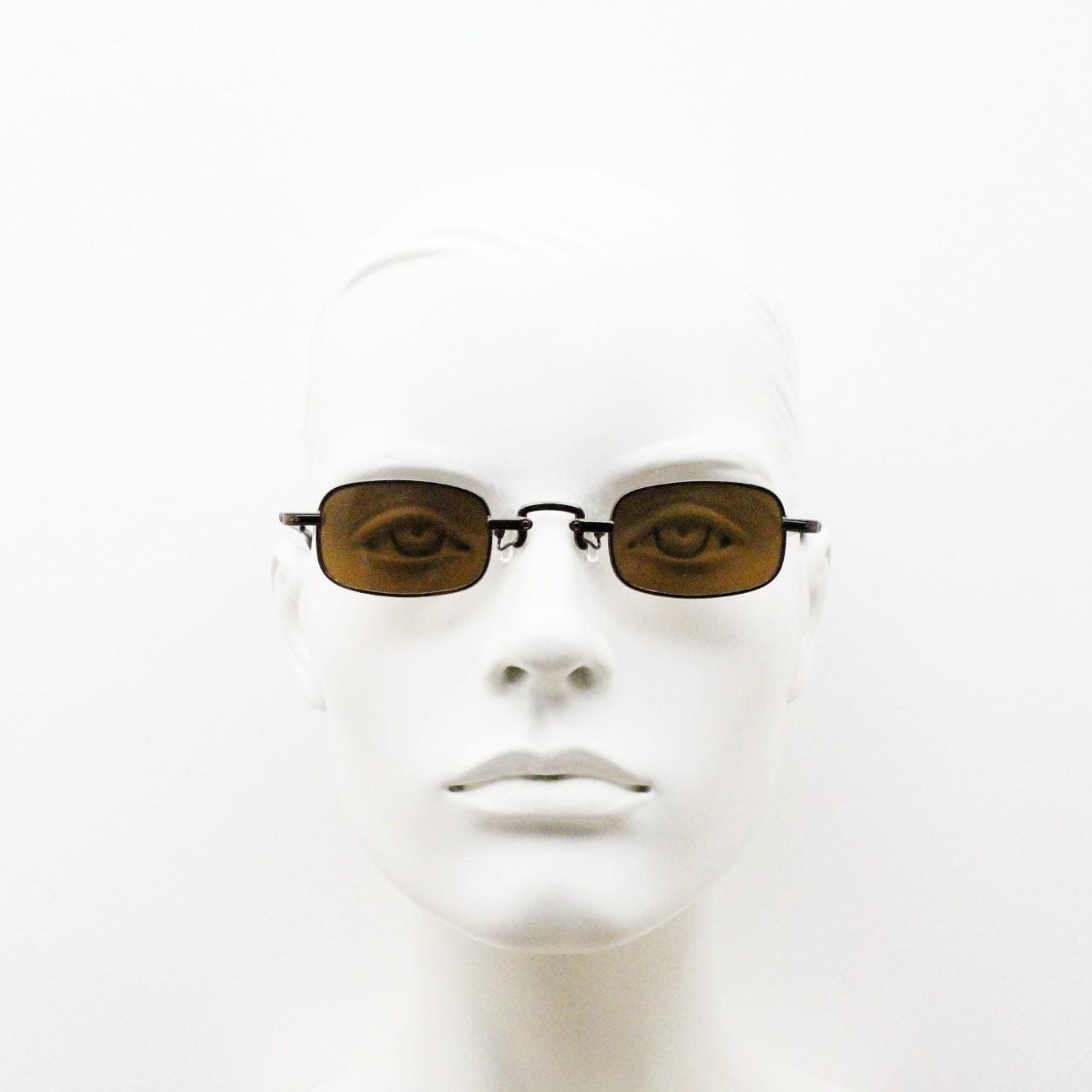 90s vintage small rectangular sunglasses. Imposing minimal brown chrome victorian style frame with matching lenses. Steampunk. Unused NOS