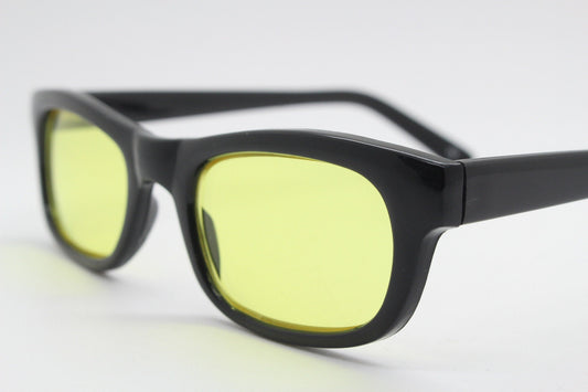 80s vintage rectangular sunglasses. Low profile slim black frame with psychedelic mod light tone canary yellow lenses. BNWT. NOS