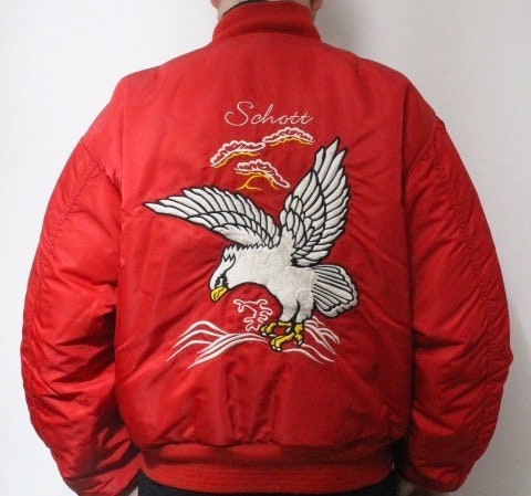 Schott NYC vintage reversible bomber jacket. Big spell out logo back in blue with red reverse side featuring white eagle. Flying MA 1.
