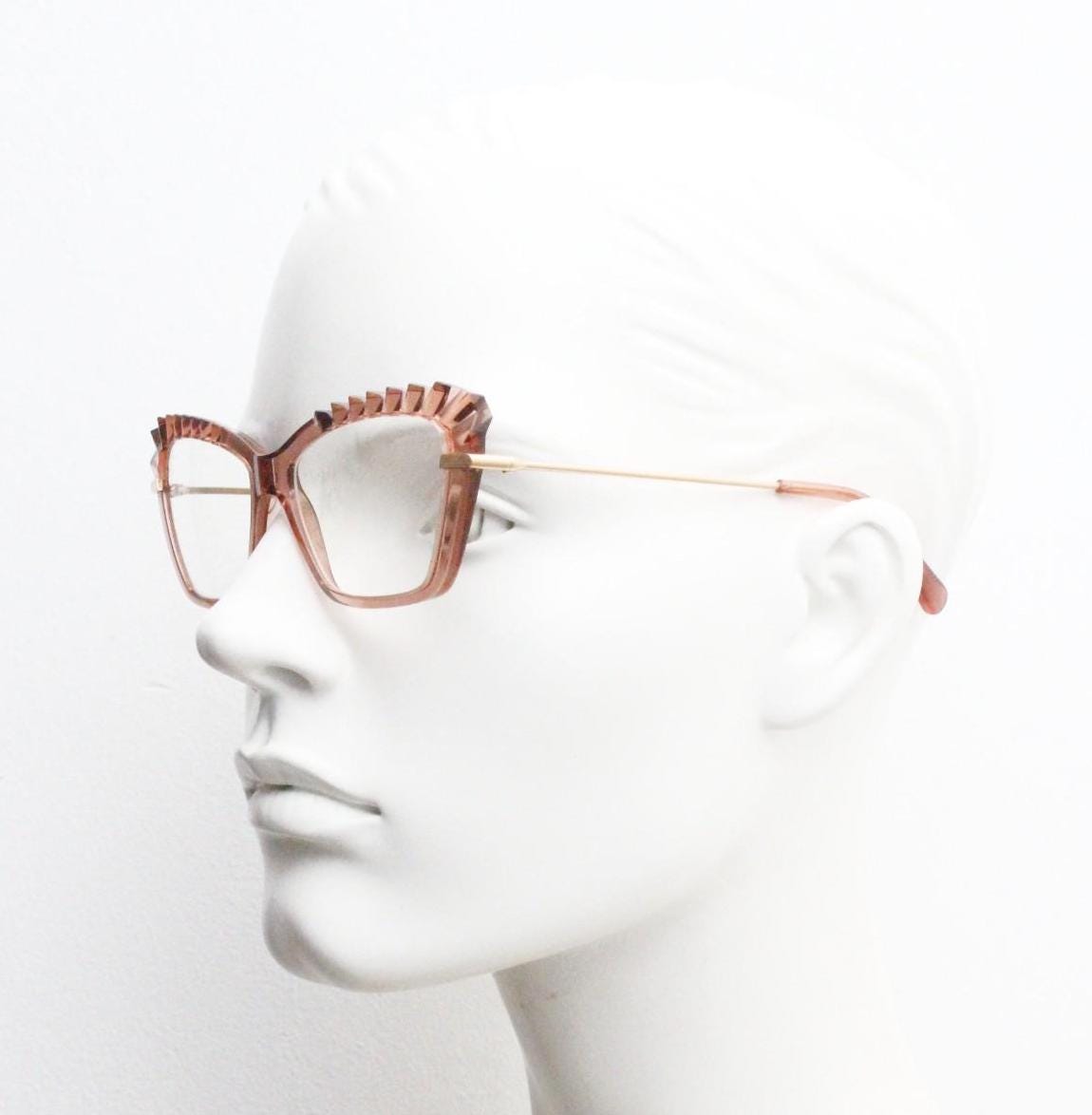 Incredible spiky pointed cat eye glasses. Transparent pink cateye optical frame with slender golden arms. Vintage Prescription RX Spectacles