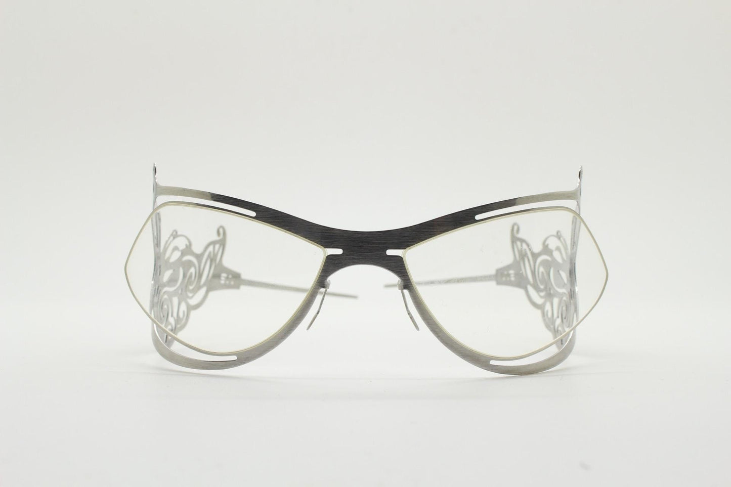 Slav Novosad wearable art eye wear. Design classic in inventive flat 2 tone stainless steel. Radical fashion visor. Fantasy sun glasses