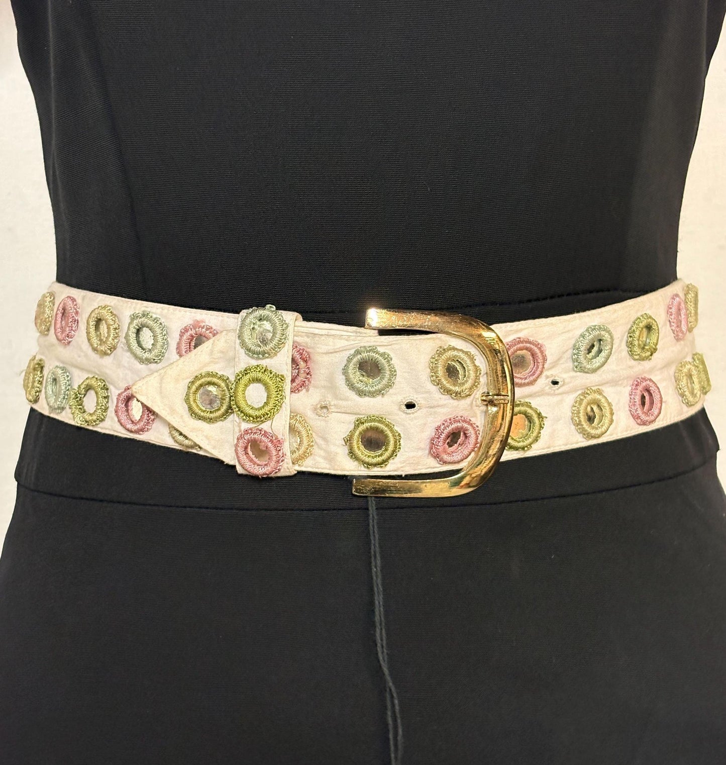 Y2K vintage womens dress belt by Stephanie Hirsch. White with pink and green embroidered little frames around mirror circles. 2000s. BNWT