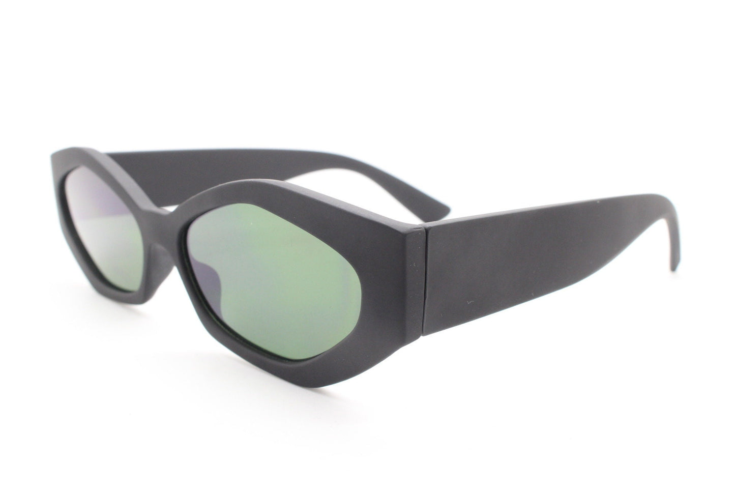 Vintage 90s low profile hexagon sunglasses. Jet black sharp angled 6 sided frame with full height arms in a matt rubber finish. Unused  BNWT
