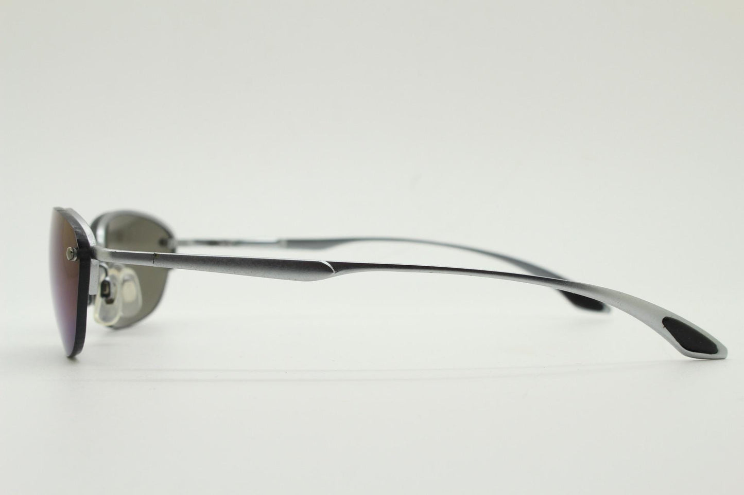 90s vintage small bug eye oval sunglasses. Minimal silver satin finish solid metal half frame with blue mirror lenses. Y2K.  NOS sample