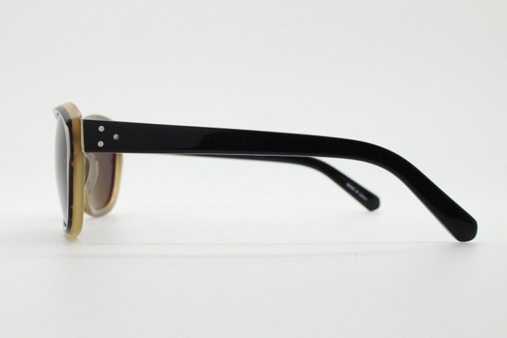 Linda Farrow Luxe sunglasses made in Japan. Blended black and tortoise layered acetate. Gallery Projects Vintage. NOS