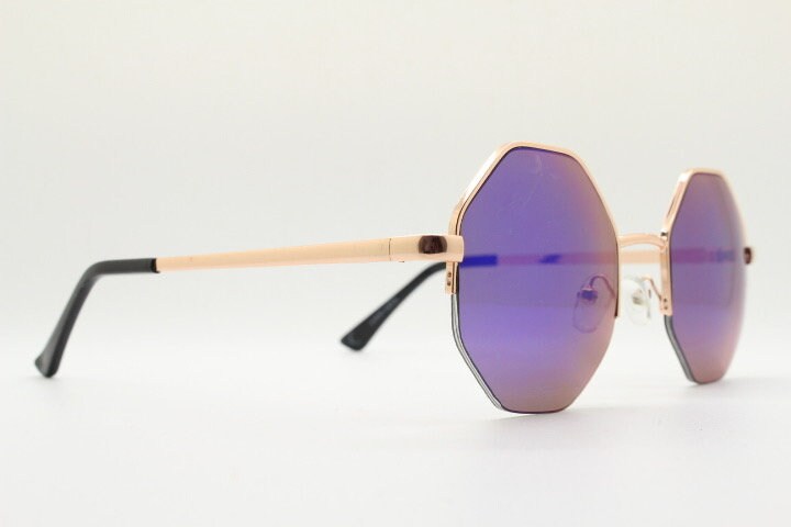 90s vintage octagon sunglasses. Petrol blue mirror 8 sided 60s design with minimal gold half frame. Hexagon. Unused NOS