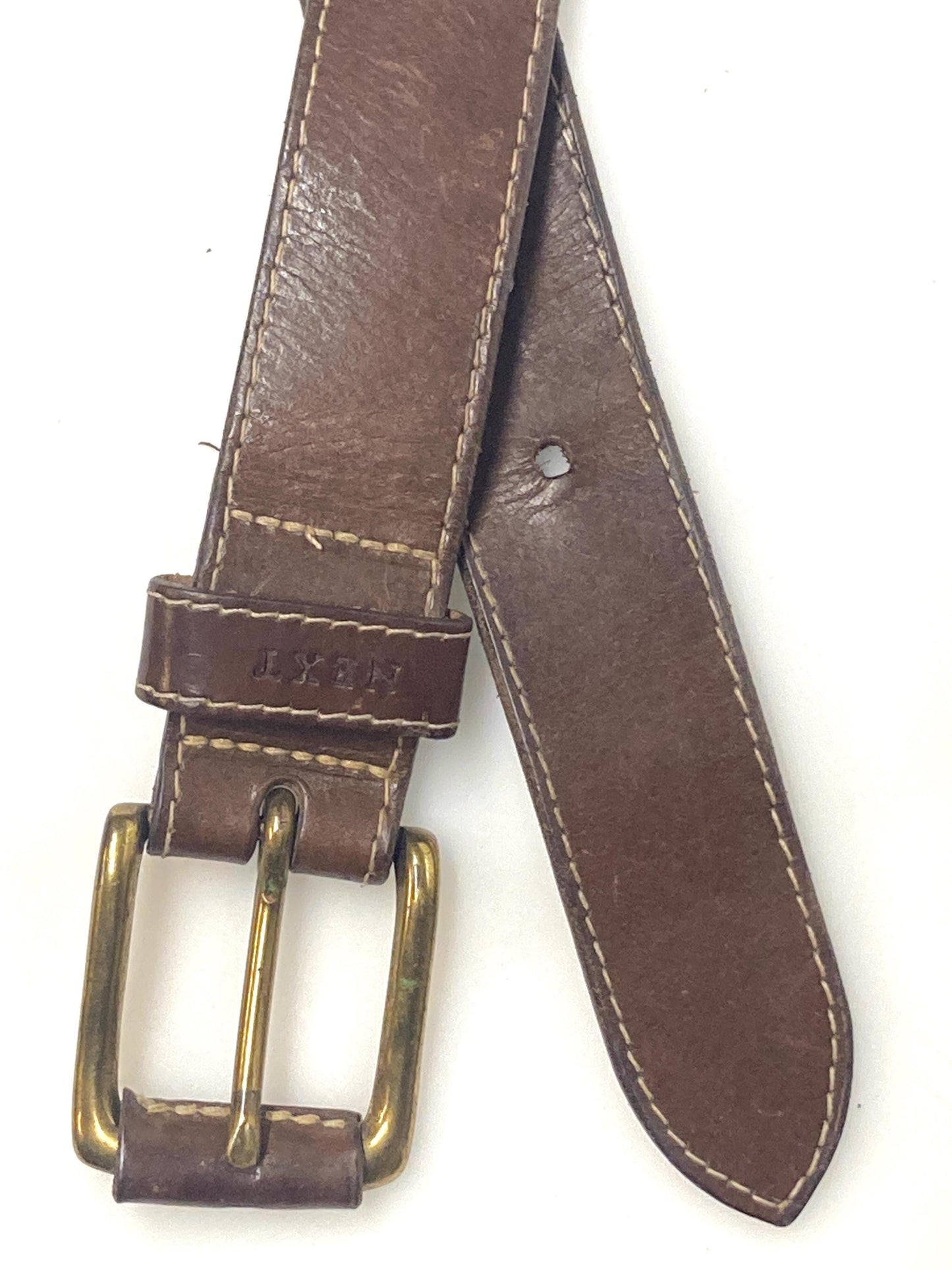 80s vintage brown genuine leather belt with covered brass buckle for jeans or trousers. Substantial quality cowhide made in England by Next