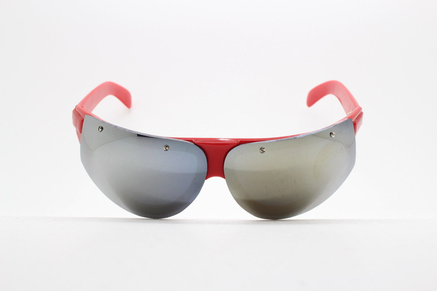 90s vintage visor shield sunglasses. Half frame wrap around in bright red with gold sunburst mirror lenses. Bug eye mask. 2000's. Y2K. NOS