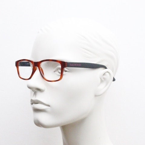 Isaac Mizrahi vintage rectangular eye glasses. Tortoise optical frames with contrasting black arms. Prescription RX. NOS spectacles