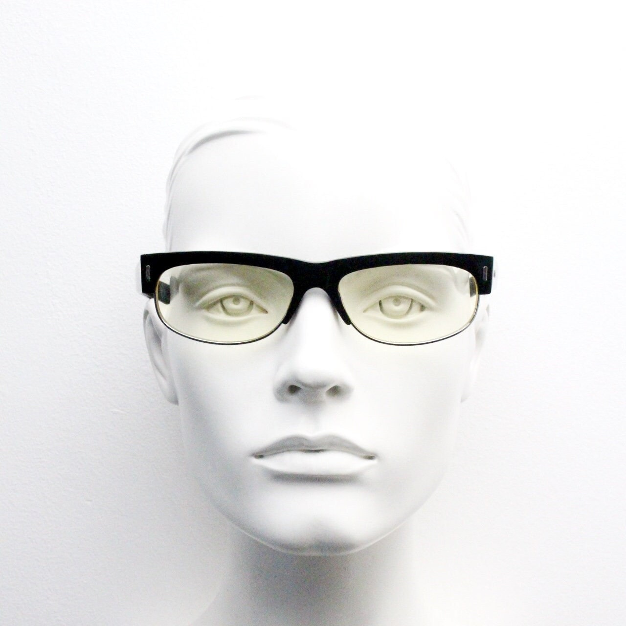 90s vintage half frame glasses. Black gloss low profile flat top design with straight arms and clear lenses. Unused NOS