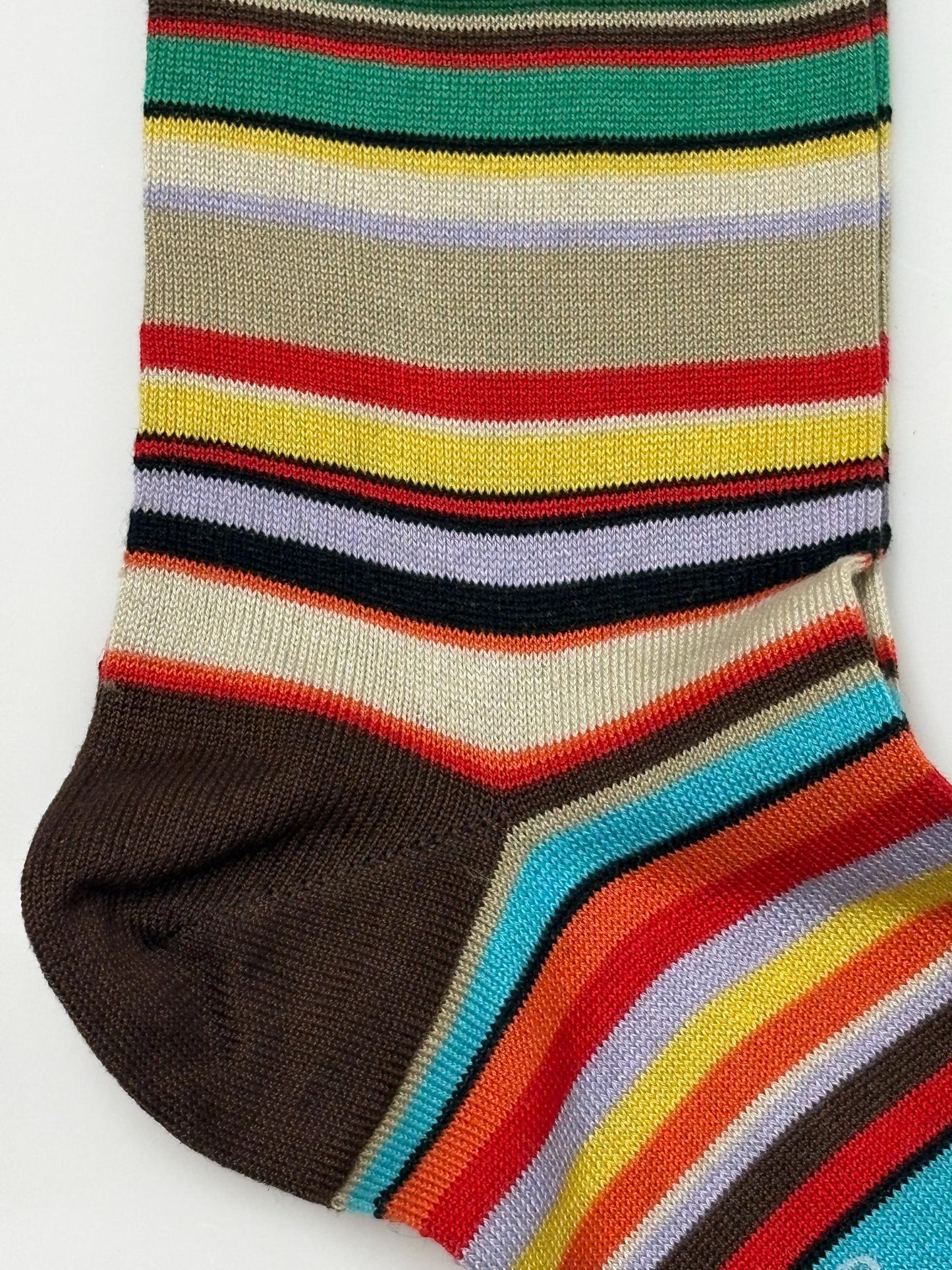Paul Smith narrow horizontal striped socks in signature rainbow multi colours. Made in Italy. Vintage NOS. Mens large
