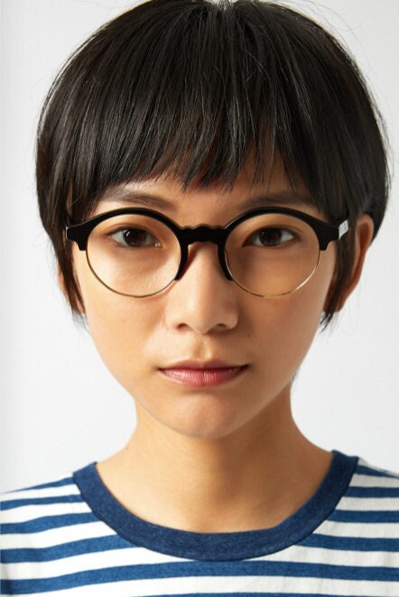 Kaleos round half frame eye glasses. Black gloss acetate browline optical frames with gold underwire. Prescription eyeglasses. RX