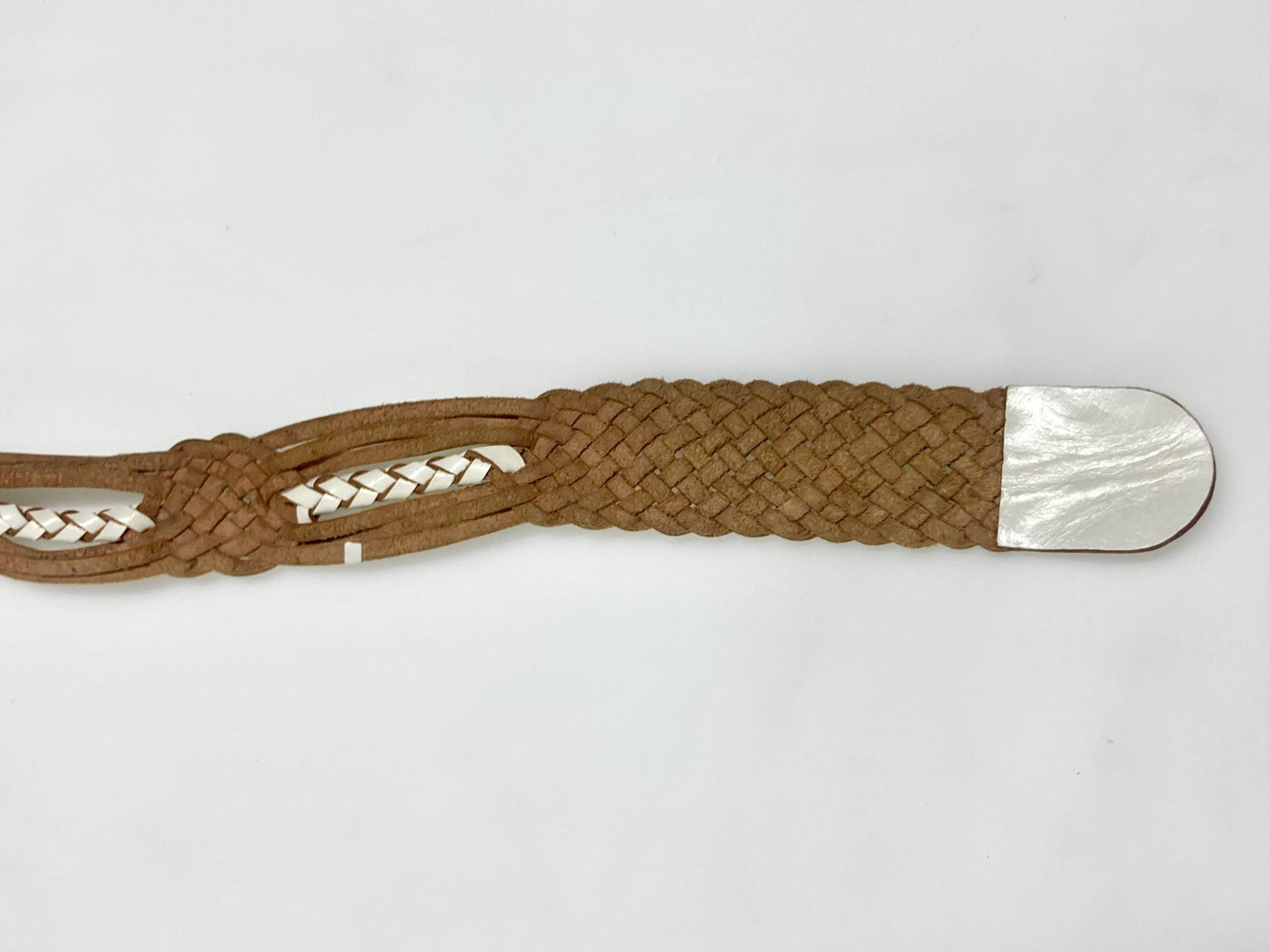 80s vintage womens white lattice dress belt with big flower 'shield' buckle. Genuine leather hand plaited design. Great condition NOS