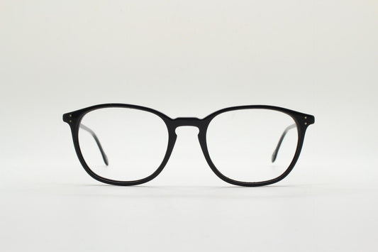 London Retro rectangular eye glasses. Plain black gloss acetate optical frames with keyhole bridge. Prescription eyeglasses. RX spectacles