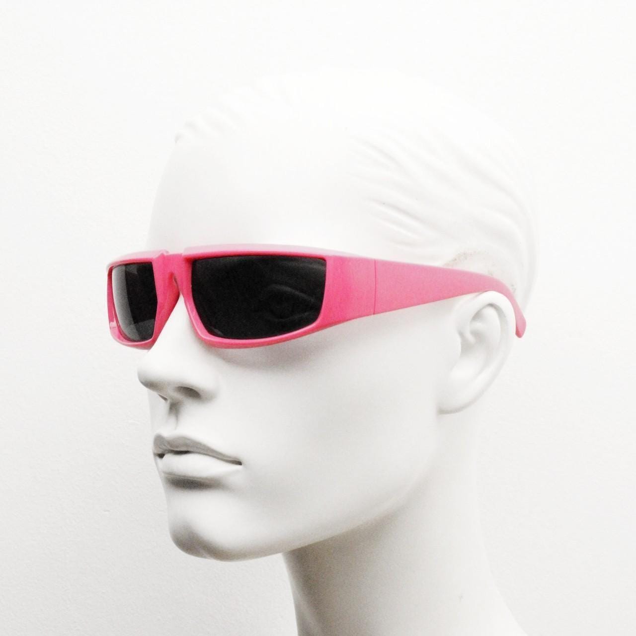 Y2k vintage 2 tone sunglasses. Shocking pink flat top shield style wrap around frame with black lenses. Fluorescent. Dayglo robot visor. NOS