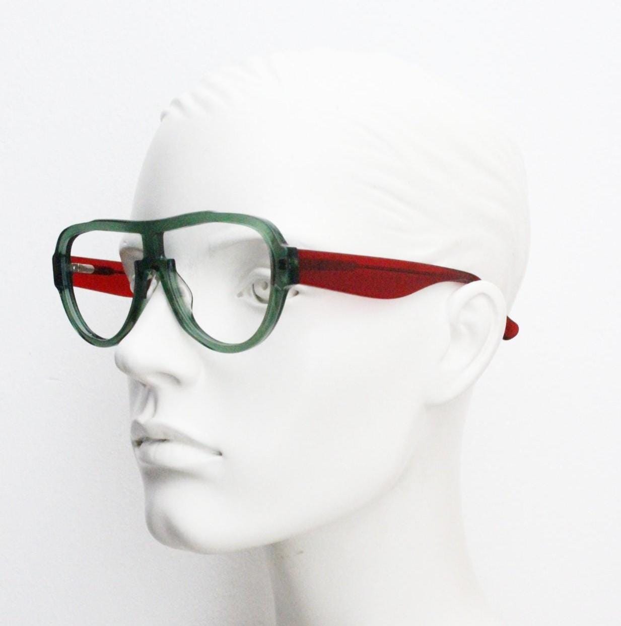 Modified acetate aviator eye glasses in dynamic transparent red and green. Optical frame. Prescription eyeglasses. RX spectacles. Vintage