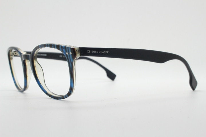 Boss Orange vintage wayfarer shape eye glasses. Black and navy striped optical frames with keyhole bridge. Prescription eyeglasses. RX  Hugo