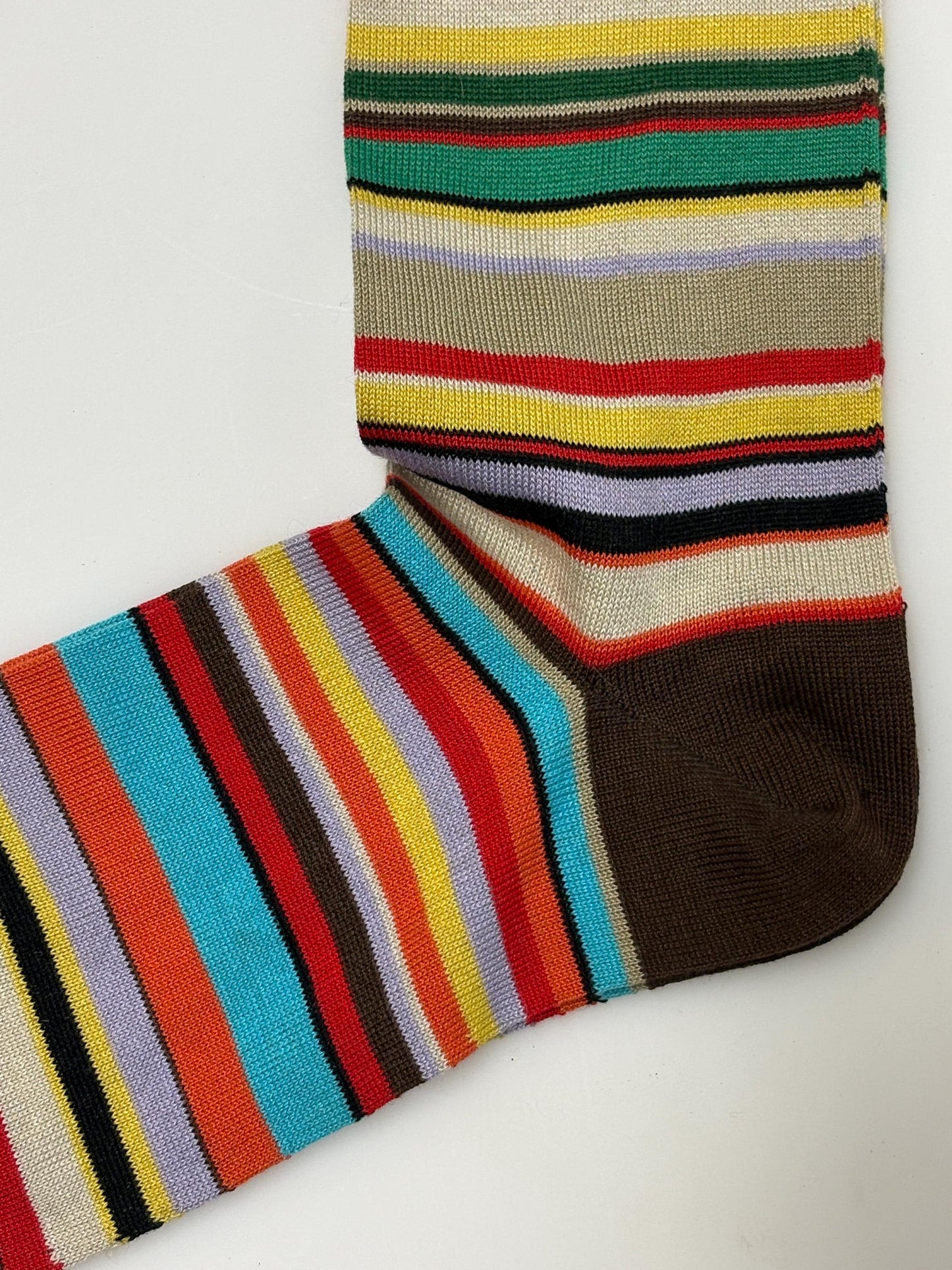 Paul Smith narrow horizontal striped socks in signature rainbow multi colours. Made in Italy. Vintage NOS. Mens large