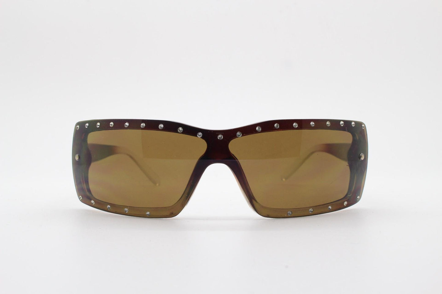 Y2K vintage shield sunglasses with diamante. Brown wrap around mini mask style with curved mono lens. 2000s unused NOS. Visor