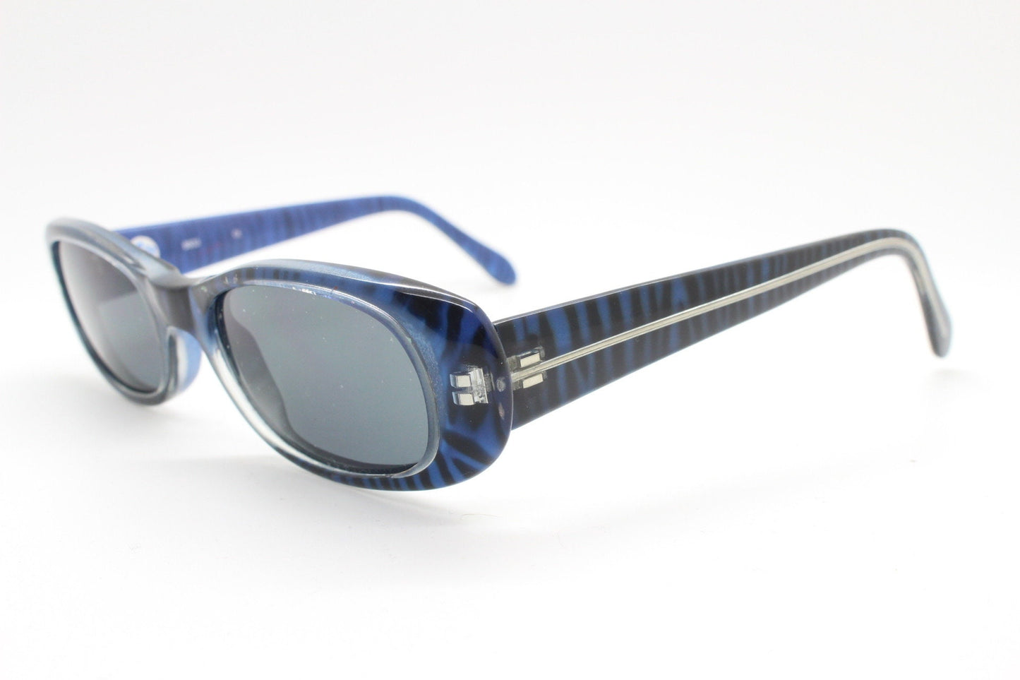 90s vintage rectangular sunglasses. Unbelievable blue tiger print low profile frame with black lenses. Y2K unused NOS. 2000s