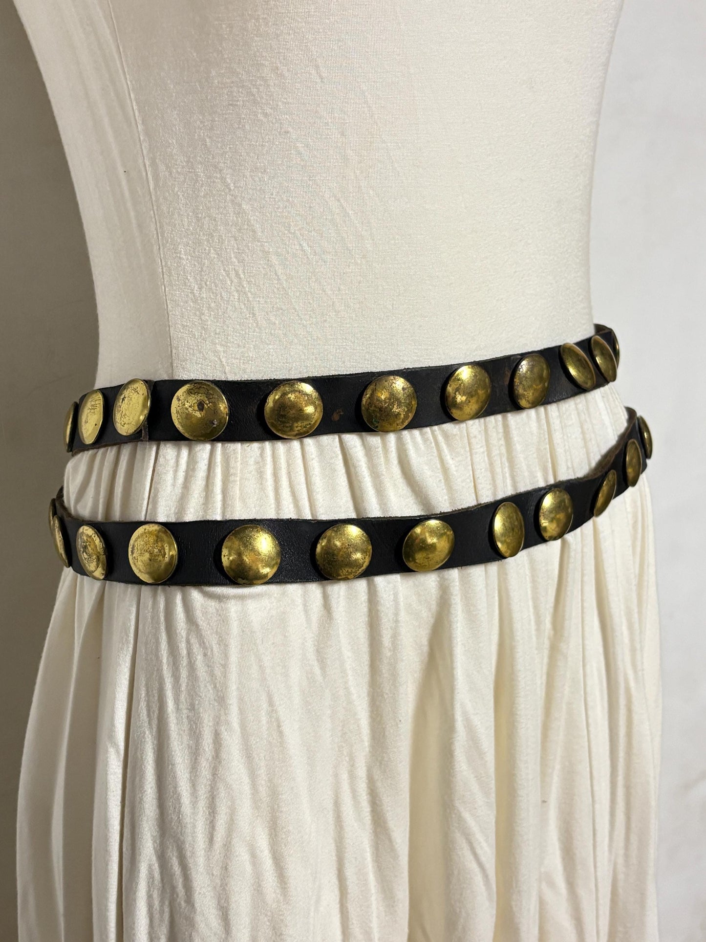 50s vintage double belt for a dress. Black genuine leather 1" height with big brass dome studs. Mexican Mariachi style cowgirl