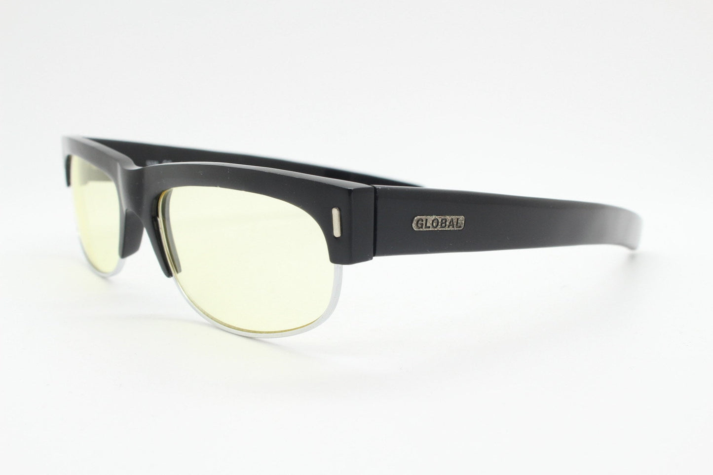 90s vintage half frame glasses. Black gloss low profile flat top design with straight arms and clear lenses. Unused NOS