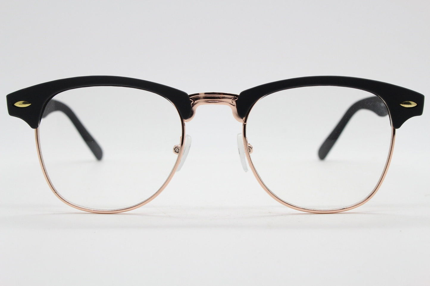 90s vintage browline sunglasses. All time classic design in black gloss finish with gold half rim. 50s, 60s. Unused NOS