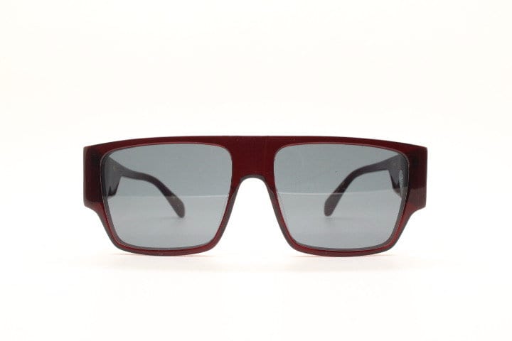 Kaleos square flat top sunglasses. Deep burgundy gloss acetate chunky frame with fat arms. New Old Stock