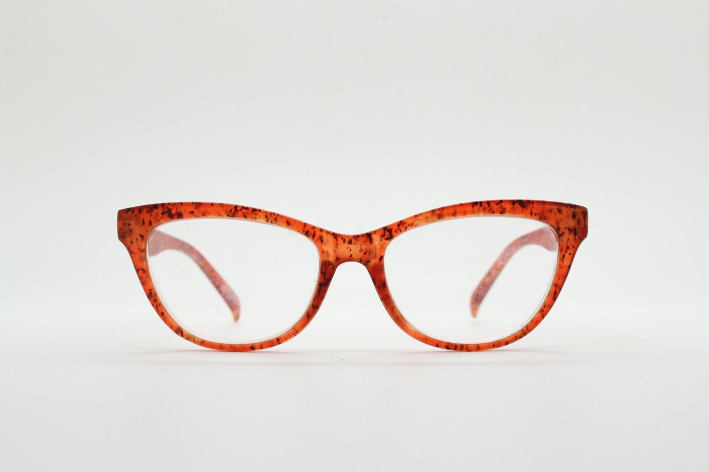 Y2K Vintage cat eye glasses. Transparent frosted cateye optical frames in speckled orange tiger pattern. Prescription. RX Spectacles
