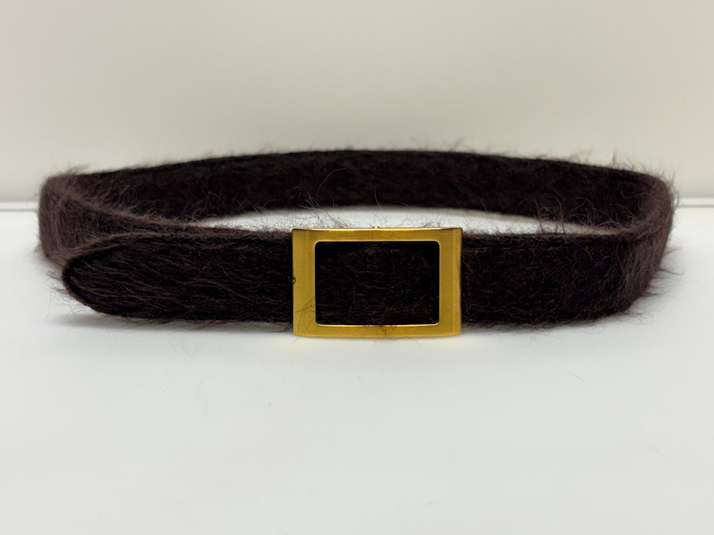 Y2k vintage womens feature belt by Njal of Milan. Luxury brown fuzzy mohair with gold buckle. To wear on a dress. 2000s NOS