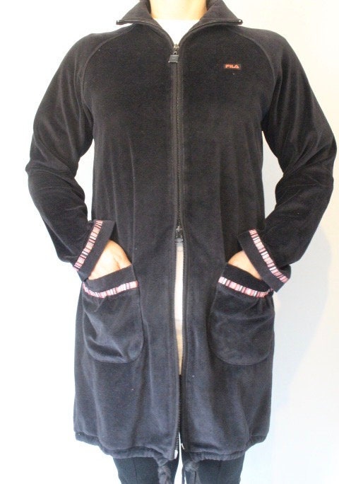 Vintage 80s Fila velour casual coat. Womens all black velvet double zipper long sleeve top. Original sport fashion grail