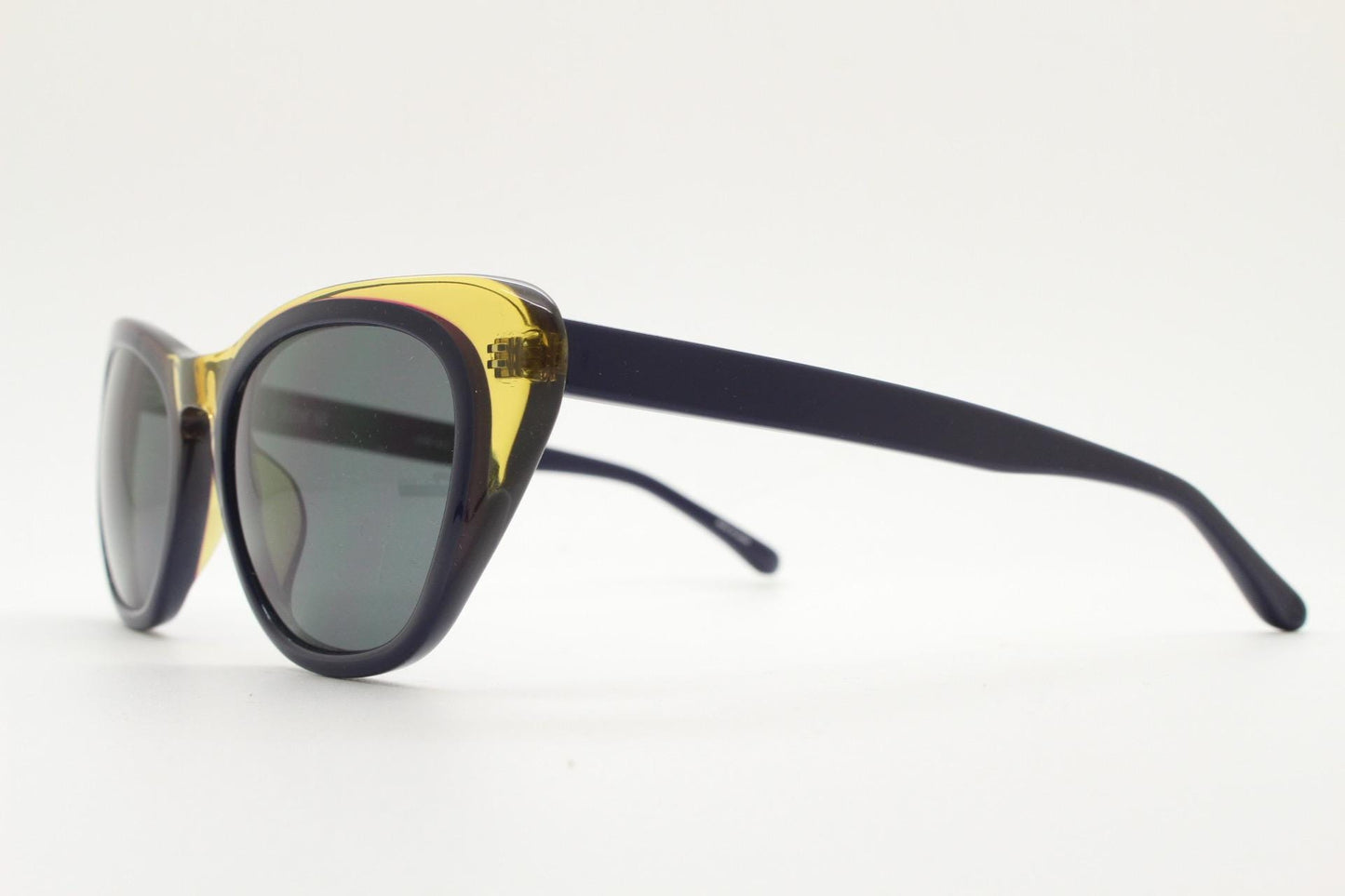 Linda Farrow cat eye sunglasses made in Japan by Erdem. Black with transparent amber outline. Luxe Gallery Projects Vintage. NOS Full Set