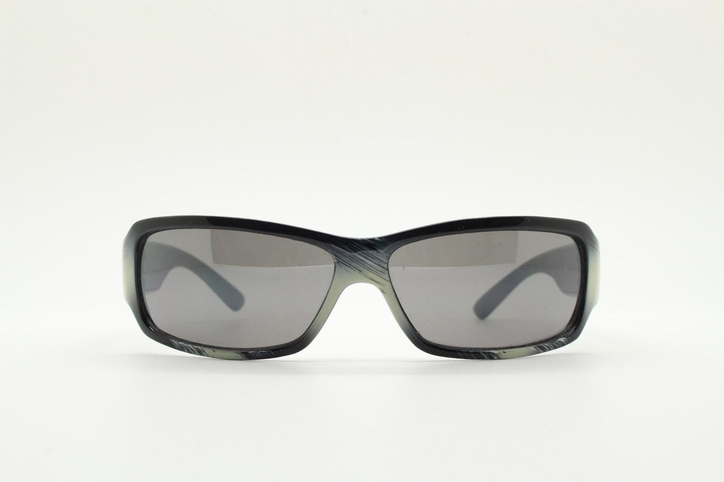 Y2k vintage wrap around rectangular sunglasses. Low profile curved white and black gloss frame with grey lenses. 2000's bug eye. NOS