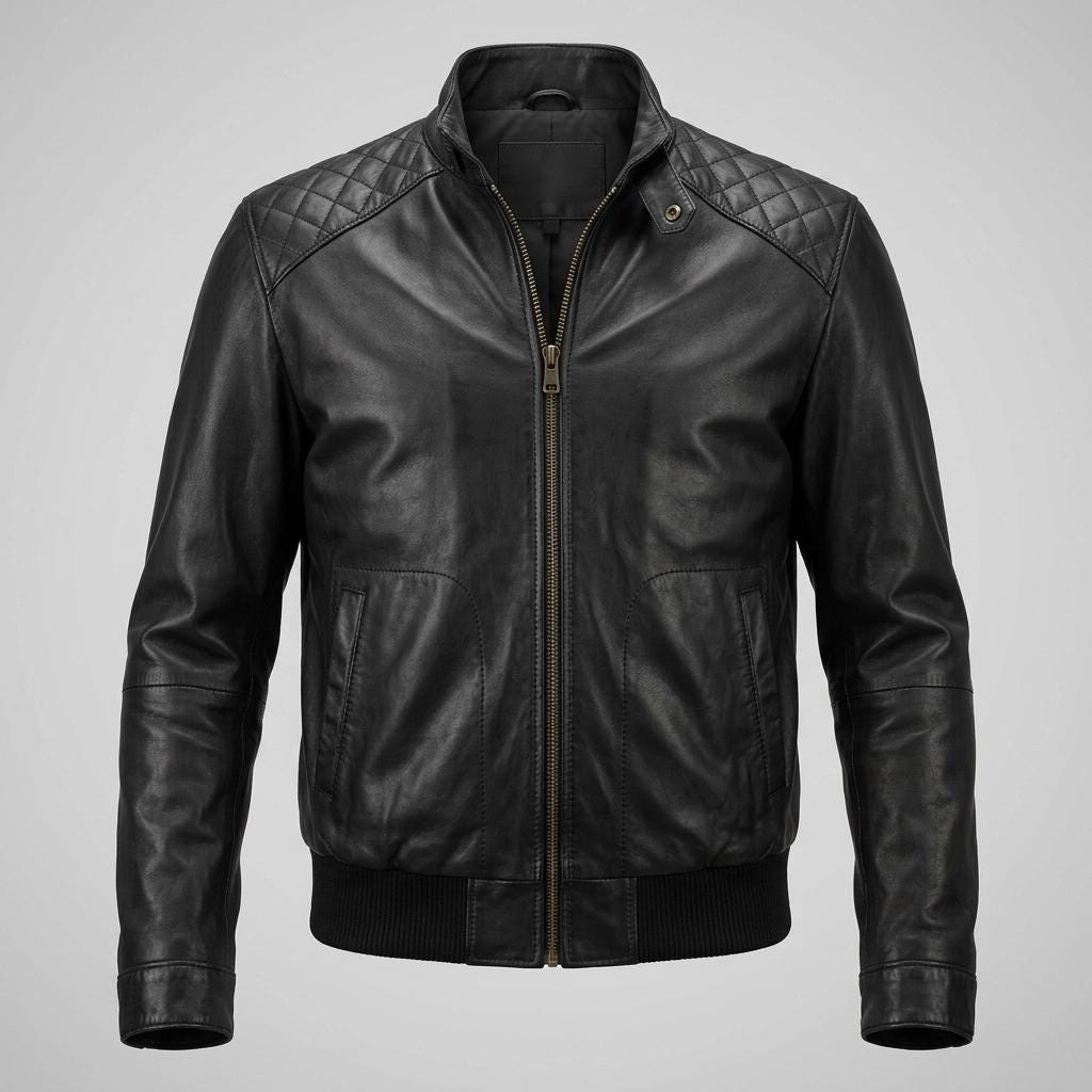 Vintage black genuine leather jacket. Mens round collar zipper bomber with quilted shoulders