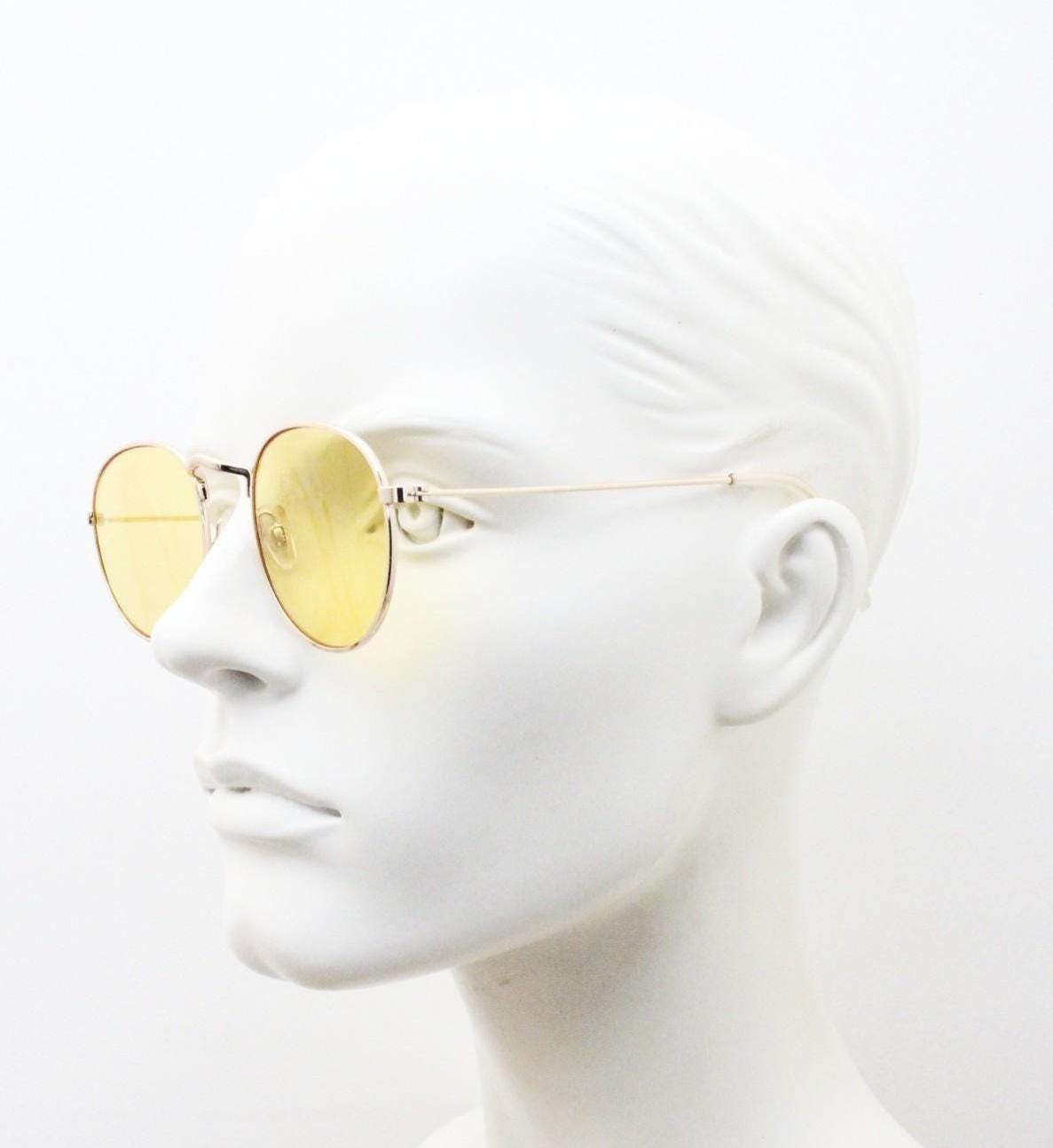 90s vintage round metal sunglasses, Classical 1930s design gold frame with blazing canary yellow lenses. Unused. NOS. Panto