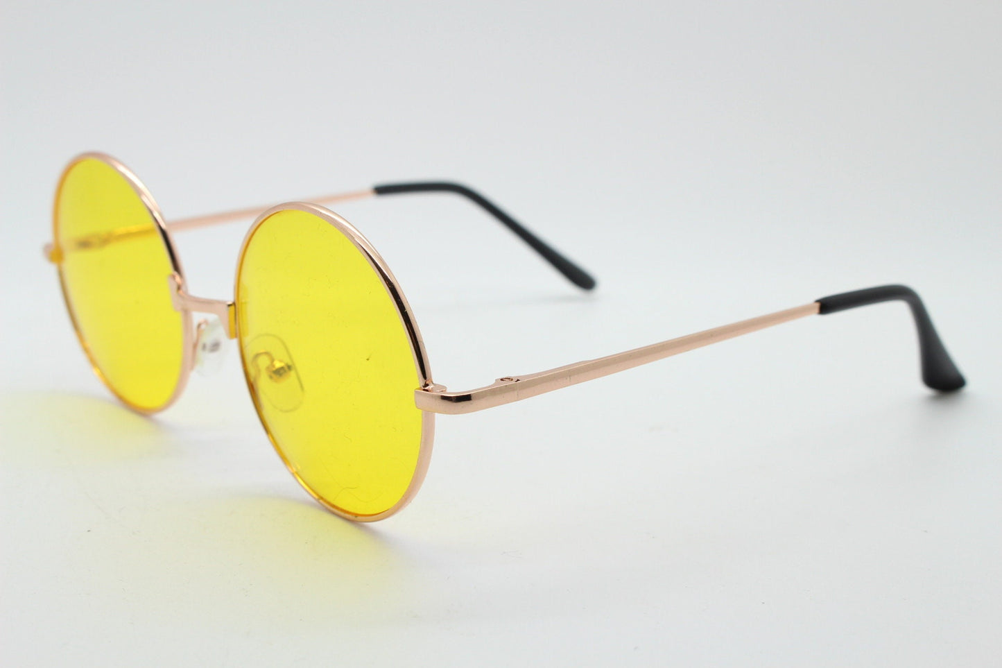 90s round vintage sunglasses. Rose gold metal frame with bright yellow lenses. 1920's style. John Lennon. Steampunk. NOS