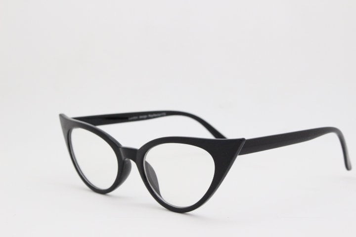 Y2K pointed cat eye glasses. Vintage black slender clear lens optical frame. Womens prescription eyeglasses. 50s style rockabilly spectacles