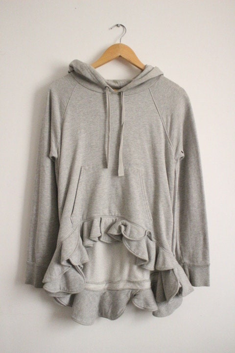 Valentino for Gap vintage Y2K pullover hoody. Grey cotton sweat top with cascading frilled edge and tail. 2000s designer collab