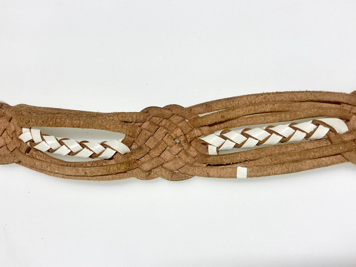 80s vintage womens white lattice dress belt with big flower 'shield' buckle. Genuine leather hand plaited design. Great condition NOS